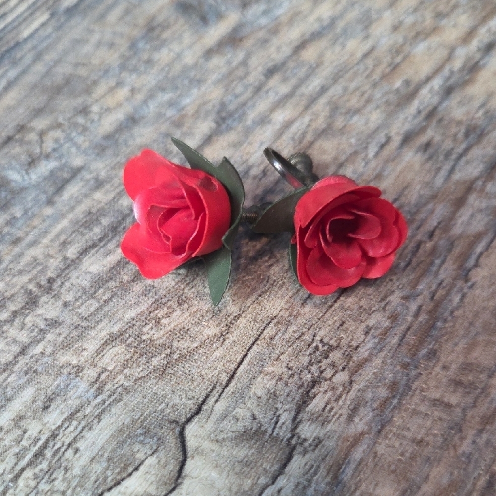 Vintage Red Rose Earrings From Japan Clip On